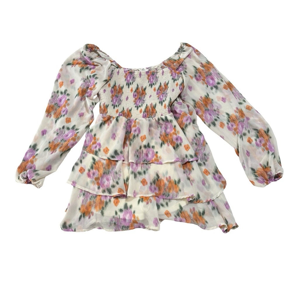 Entro Women's Floral Smocked Tiered Mini Dress Size Large 16 x 32